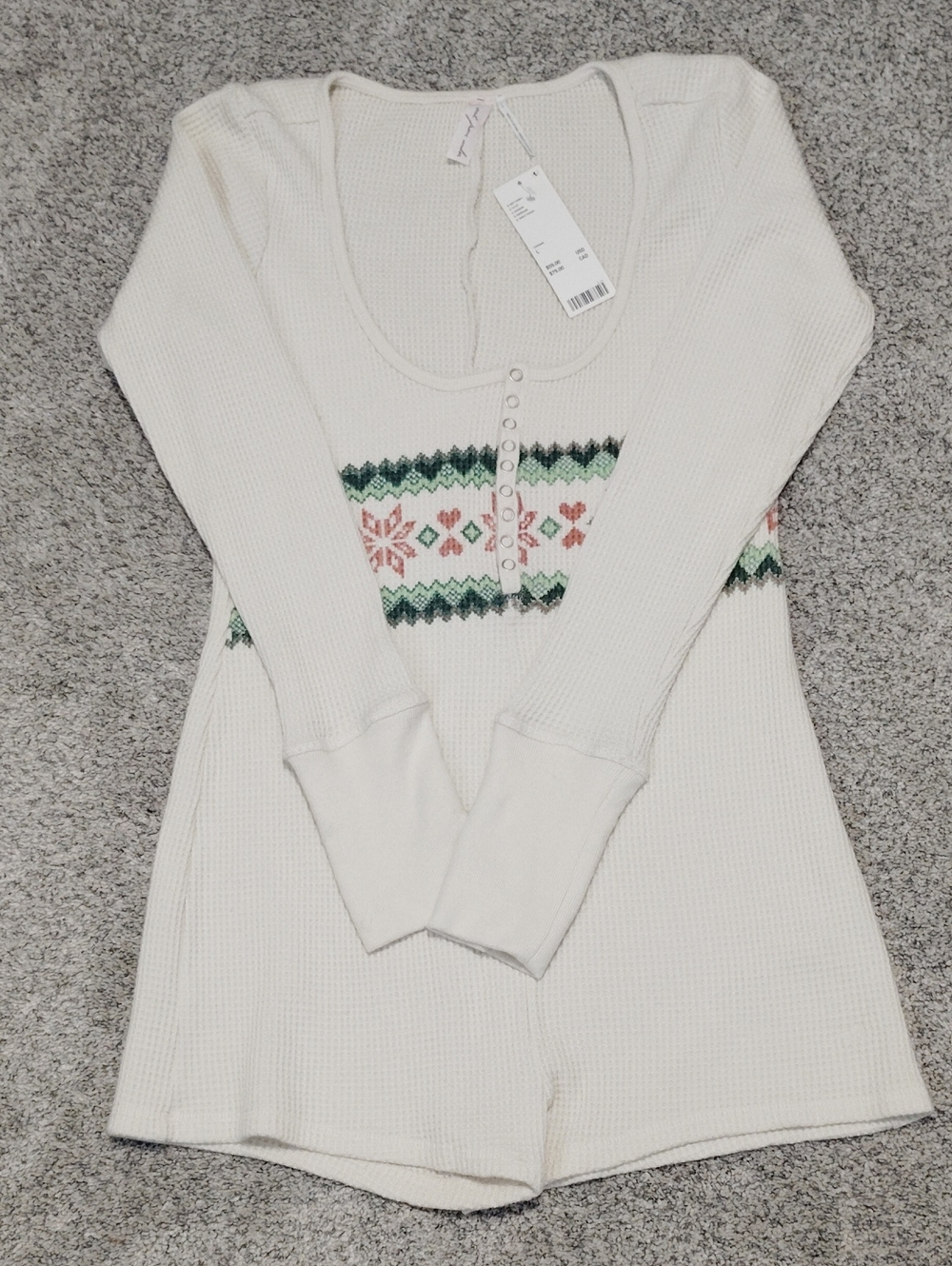 Urban Outfitters Cream Waffle-Knit Long-Sleeve Bodysuit with Fair Isle Detail